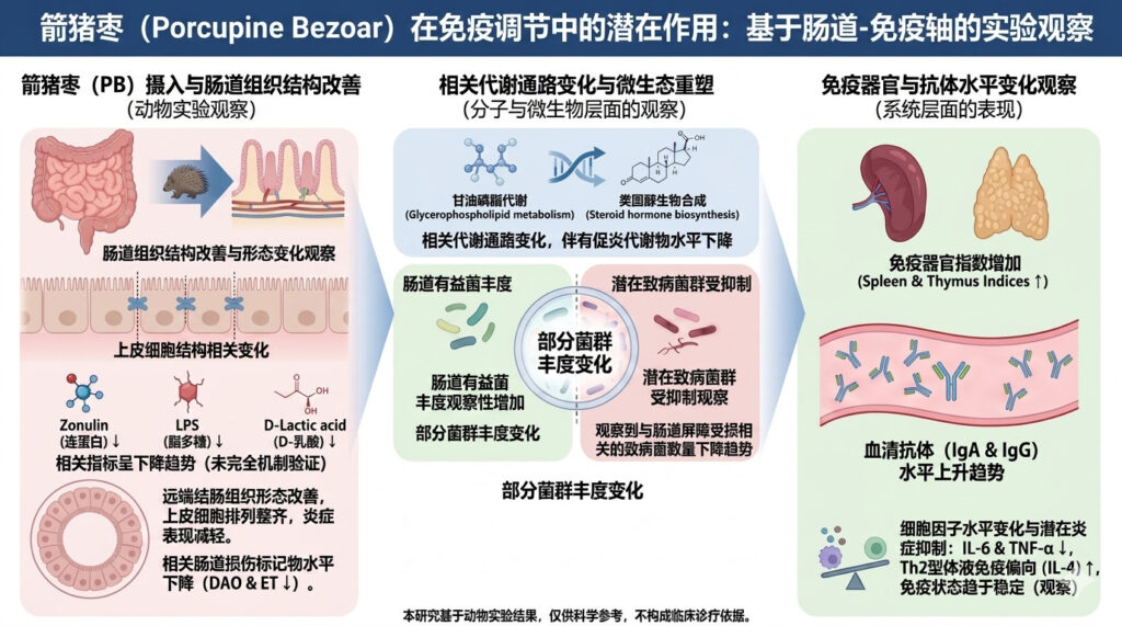 Miracle Medicine's 2026 study on Porcupine Bezoar for immune modulation: The image shows the analysis of voucher specimen PB-202406-01 in a lab, utilizing metabolomics and DNA sequencing to reveal mechanisms of gut-immune axis repair, as published in Pharmaceuticals.