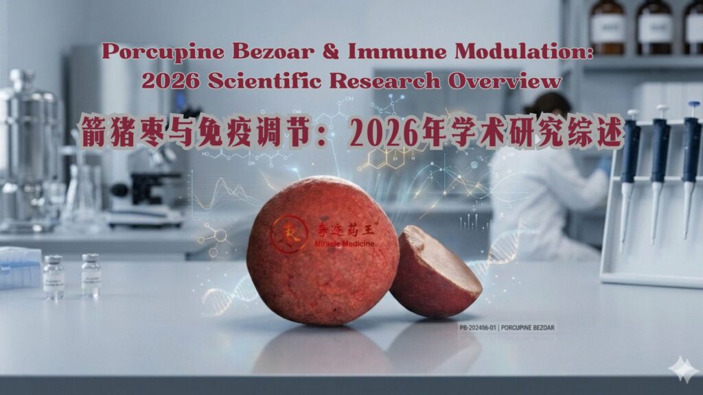 Mechanism diagram of Porcupine Bezoar (PB) research on immune system support. Key findings include gut barrier integrity markers (LPS, Zonulin, D-lactic acid), gut-microbiome modulation (Bacteroidota), and enhanced systemic immunity (IgA, IgG, Spleen and Thymus Indices). Research based on the 2026 Pharmaceuticals study by Miracle Medicine.
