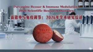 Mechanism diagram of Porcupine Bezoar (PB) research on immune system support. Key findings include gut barrier integrity markers (LPS, Zonulin, D-lactic acid), gut-microbiome modulation (Bacteroidota), and enhanced systemic immunity (IgA, IgG, Spleen and Thymus Indices). Research based on the 2026 Pharmaceuticals study by Miracle Medicine.