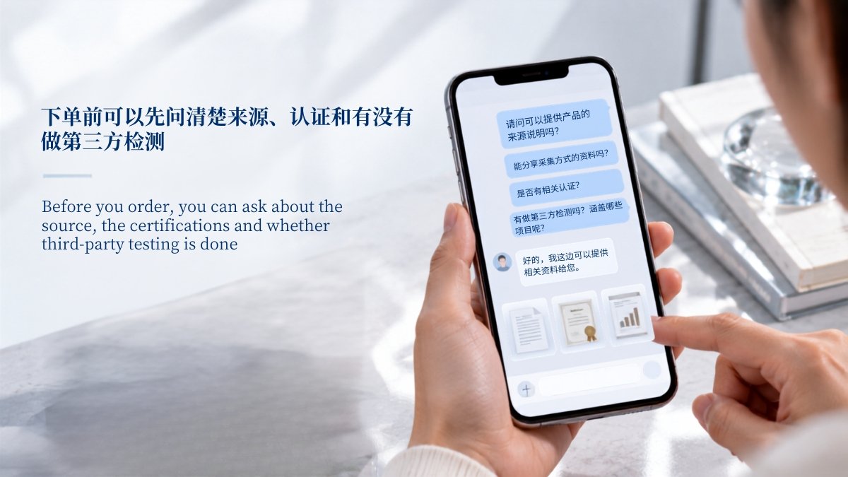 Phone chat window where a buyer asks a seller about origin and collection method