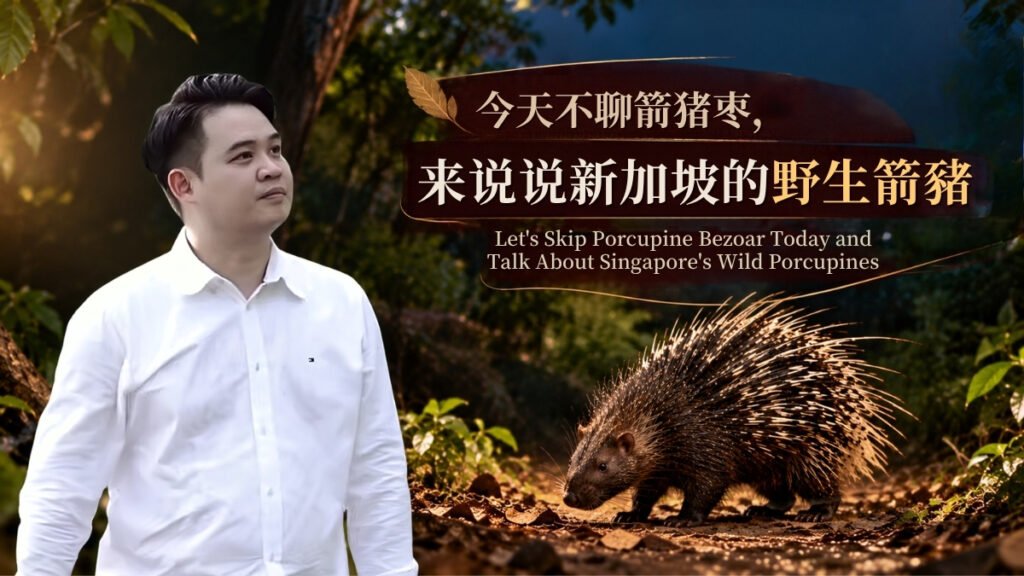 A Malayan porcupine walking along a forest trail at night